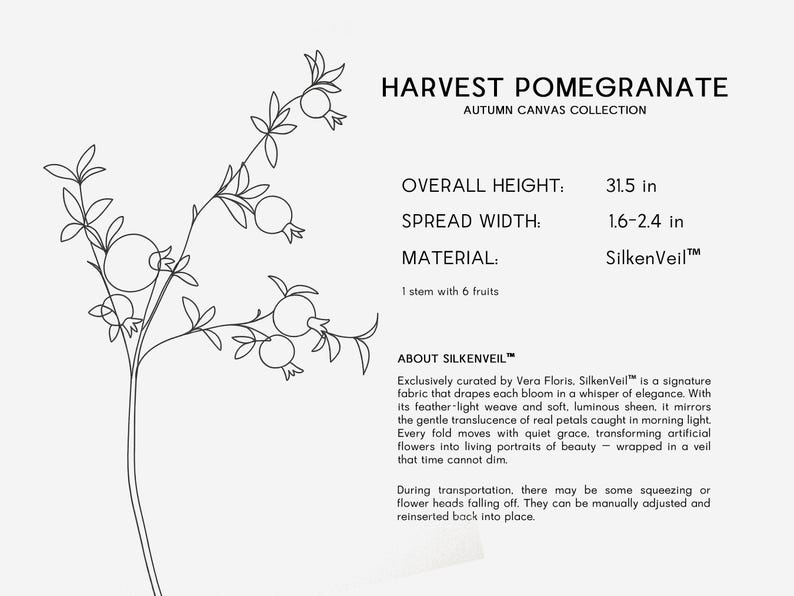 May include: Harvest Pomegranate Autumn Canvas Collection. A line drawing of a pomegranate branch with leaves and fruit. Overall height is 31.5 inches, spread width is 1.6-2.4 inches. Material is SilkenVeil.
