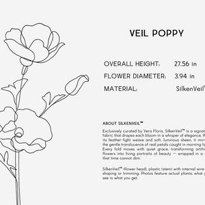 Może przedstawiać: Rysunek liniowy kwiatu maku z napisem "VEIL POPPY". Całkowita wysokość to 70 cm, a średnica kwiatu to 10 cm. Materiał to SilkenVeil.