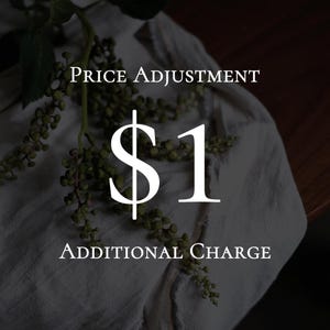 May include: Image with the text "Price Adjustment" and "Additional Charge" with a large white "$1" symbol in the centre. The background includes a white cloth, green plant sprigs, and a dark wooden surface.