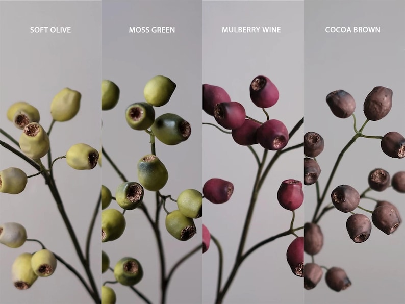 May include: Close-up of four stems with berries in Soft Olive, Moss Green, Mulberry Wine, and Cocoa Brown. The berries have a textured appearance and are attached to thin, dark stems. The background is a neutral gray.