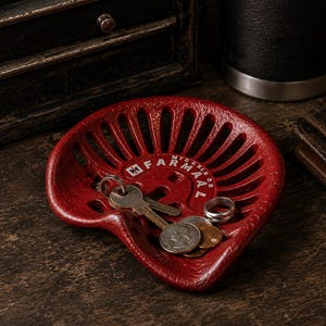 May include: A small, red, cast iron tractor seat tray featuring the white text "FARMALL" and a small logo. The tray has a slotted, curved design and contains a set of metal keys, a silver ring, and several coins resting in the center.