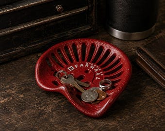 Heavy Cast Iron McCormick Farmall Red Tractor Seat Catchall Tray, Small Trinket Dish Unique Farm Decor