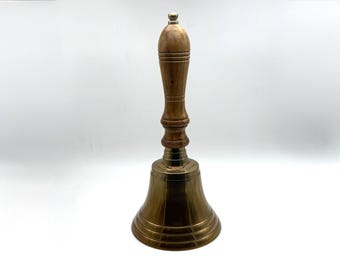 Medium Brass Vintage Style Brass Bell with Turned Wood Handle Nautical / School / Dinner Bell Decor 9 3/4” Tall