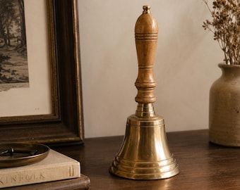 Large Vintage Style Brass Bell with Turned Wood Handle Nautical / School / Dinner Bell Decor 11.5” Tall