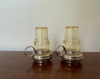 Vintage Set of 2 Salt and Pepper Hurricane Small Lantern Oil Lamp Shakers MCM D'Art Craftsman Plastic & Metal