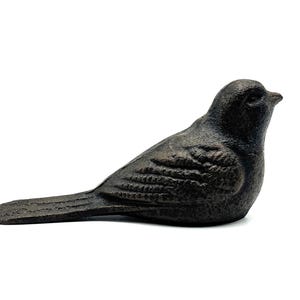May include: A dark bronze-colored cast iron bird figurine. The bird is in a resting position, with detailed feather textures. The figurine is a decorative item, suitable for home decor or garden accents.