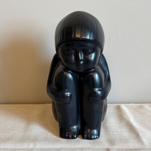 Harris Pottery Chicago MCM Black Ceramic Native Child Sitting 9.5" Home Decor Statue Figure Sculpture