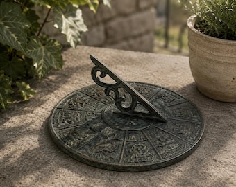 Cast Iron Zodiac Sundial Garden Decor Astrology Heavy Sun Dial Patio 11” Yard Accent