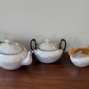 L&W White Pearl Iridescent Teapot Creamer Sugar Bowl Lusterware Cecho Slovakia