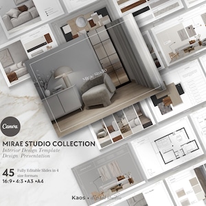 Puede incluir: Una colección de plantillas de diseño de interiores llamada "MIRAE STUDIO COLLECTION" con 45 diapositivas totalmente editables en varios tamaños. La presentación presenta imágenes de diseños de interiores modernos, incluyendo salones y planos, con el logo de Canva.