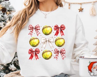 Softball Christmas Bow Sweatshirt, Holiday Softball Crewneck