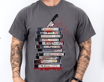 Retro Halloween Horror Movie T-Shirt, Bloody VHS Knife Graphic Tee