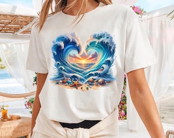 Beach Heart Wave Shirt, Ocean Sunset Graphic Tee