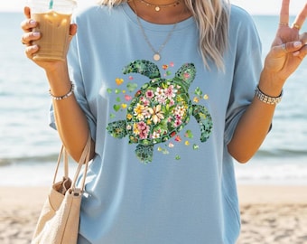 Floral Sea Turtle Shirt, Beach Ocean Animal Tee
