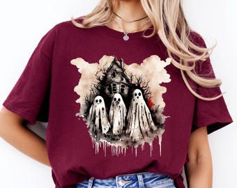 Spooky Ghost House Halloween Shirt: Watercolor Graphic Tee
