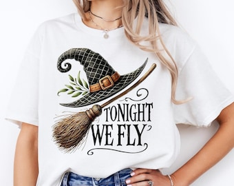 Tonight We Fly Halloween T-Shirt, Witch Hat Broom Spooky Tee