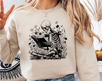 Skeleton Reading Book Sweatshirt, Gothic Bookworm Halloween Tee
