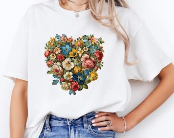 Floral Heart T-Shirt, Vintage Flower Garden Lover Tee