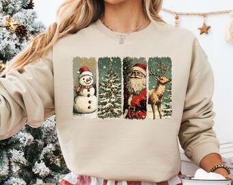Retro Christmas Sweatshirt, Santa, Snowman & Tree