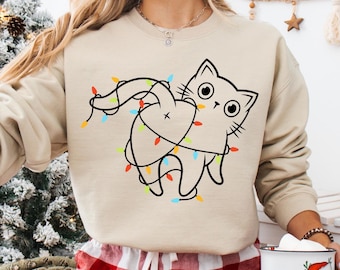 Christmas Cat Sweatshirt, Funny Lights Design