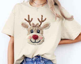 Rudolph Reindeer Vinyl Christmas T-Shirt, Cozy Holiday Top