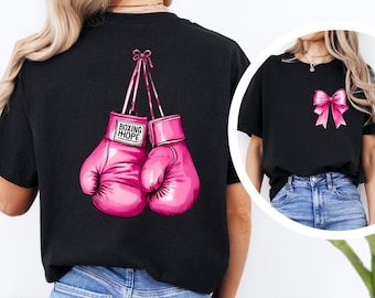 Pink Bow Boxing Gloves T-Shirt, Breast Cancer Bow Awareness Tee