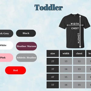 Puede incluir: Camiseta negra para ni&ntilde;os peque&ntilde;os con tabla de tallas y medidas. Los colores disponibles son gris oscuro, negro, blanco, granate jaspeado, rosa, gris atl&eacute;tico y rojo. La tabla muestra medidas en cm.
