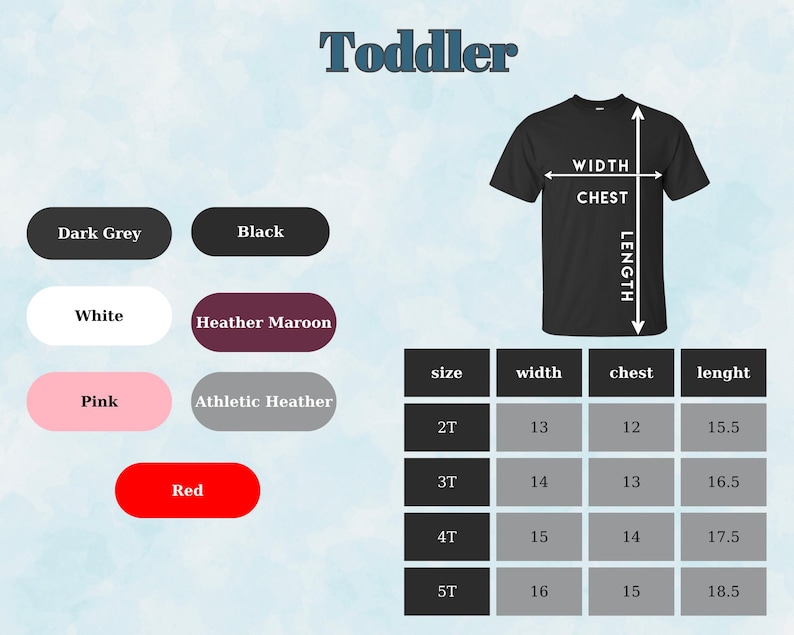 Puede incluir: Camiseta negra para ni&ntilde;os peque&ntilde;os con tabla de tallas y medidas. Los colores disponibles son gris oscuro, negro, blanco, granate jaspeado, rosa, gris atl&eacute;tico y rojo. La tabla muestra medidas en cm.