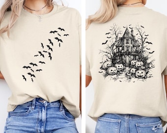 Haunted House Halloween Shirt, Spooky Mansion, Bats, and Pumpkins