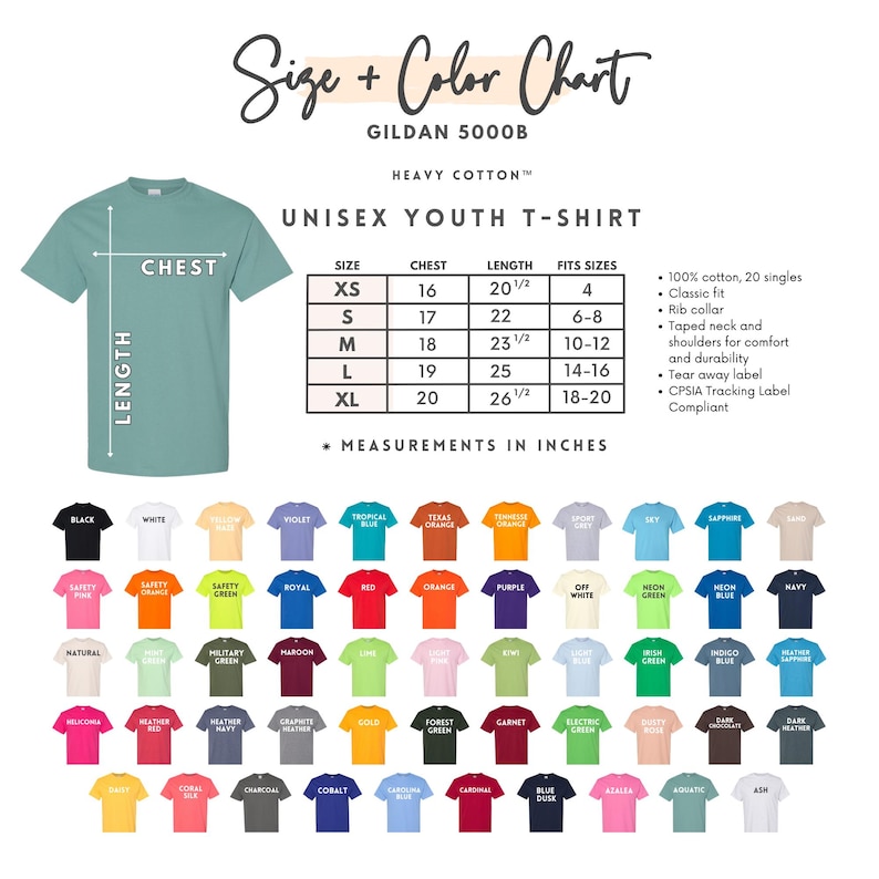 May include: A size and color chart for a Gildan 5000B heavy cotton unisex youth t-shirt. The chart includes chest and length measurements in inches, along with a color palette of various t-shirt colors.