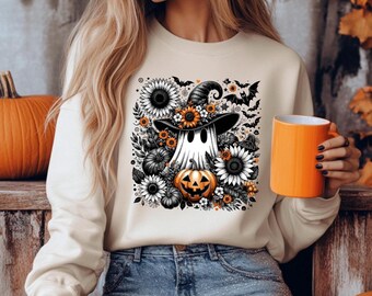 Ghost Sunflower Halloween Sweatshirt, Spooky Season Crewneck
