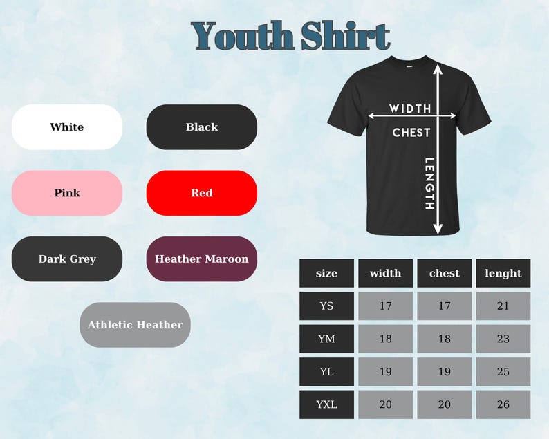 Puede incluir: Imagen de una camiseta negra para j&oacute;venes con detalles de tallas y medidas. Las opciones de color incluyen blanco, negro, rosa, rojo, gris oscuro, granate jaspeado y jaspeado atl&eacute;tico. Las medidas son en cm.