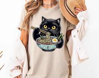 Black Cat Ramen T-Shirt, Kawaii Anime Kitty Noodle Tee