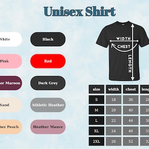 Puede incluir: Un gr&aacute;fico que muestra una camiseta unisex negra con medidas de talla, ancho, pecho y largo. Las muestras de color incluyen blanco, negro, rosa, rojo, granate jaspeado, gris oscuro, arena, gris atl&eacute;tico, melocot&oacute;n jaspeado y malva jaspeado.