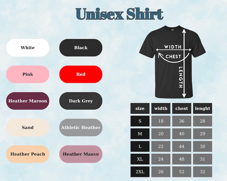 Puede incluir: Un gr&aacute;fico que muestra una camiseta unisex negra con medidas de talla, ancho, pecho y largo. Las muestras de color incluyen blanco, negro, rosa, rojo, granate jaspeado, gris oscuro, arena, gris atl&eacute;tico, melocot&oacute;n jaspeado y malva jaspeado.
