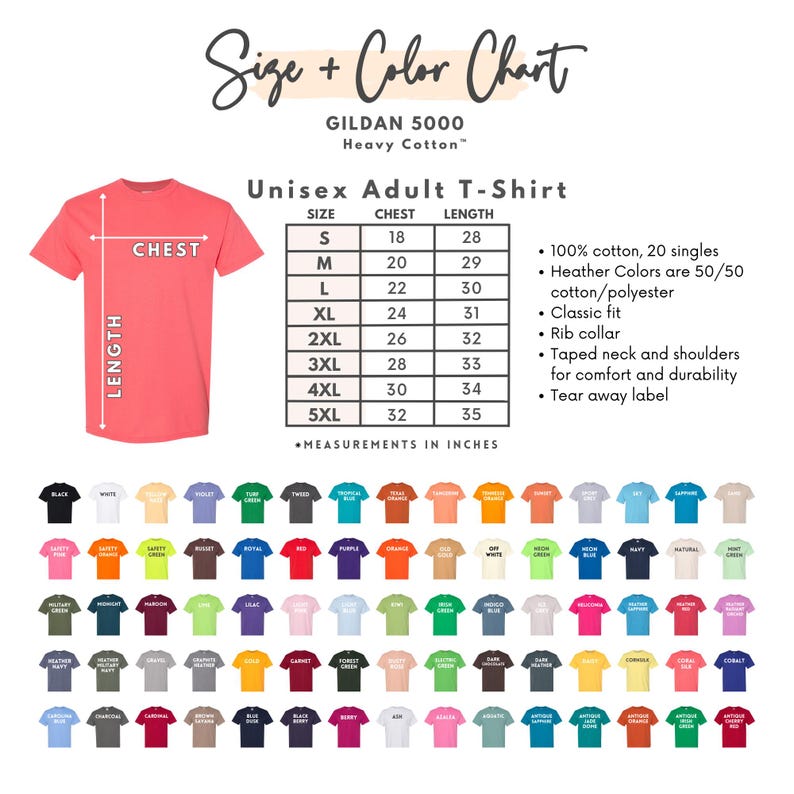 May include: A coral-colored Unisex Adult T-Shirt with a size and color chart. The chart lists chest and length measurements in inches for sizes S to 5XL. The image also displays a wide array of available shirt colors.