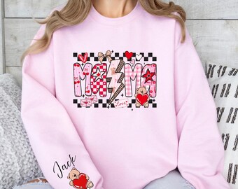 Personalized Mama Valentine's Day Sweatshirt, Custom Name Sleeve