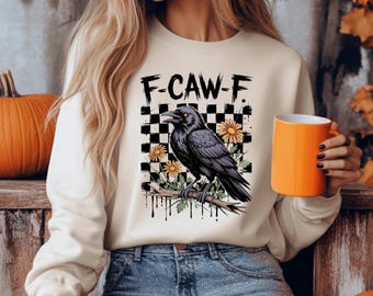 Funny Raven Halloween Sweatshirt, Spooky Gothic Checkerboard Crewneck