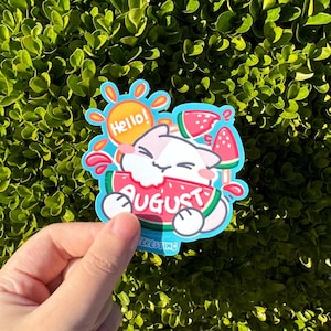 Autocollant du mois d'août, chat mignon, autocollant kawaii en vinyle brillant découpé, résistant aux intempéries, parfait pour les bouteilles, les ordinateurs portables et les cadeaux