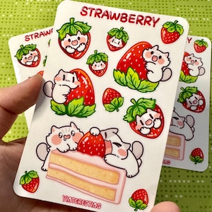 Feuille d'autocollants chat mignon fraise miaou, feuille d'autocollants brillants de fruits, résistant aux intempéries, parfait pour les ordinateurs portables, cadeau pour les amoureux des chats, autocollant de journal