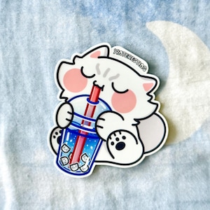 Boba milk tea cute Cat Sticker, Kawaii Glossy Vinyl Die Cut Sticker, Weatherproof , Perfect for Bottles, Laptops, and Gift