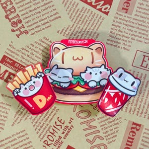 Meow Burger Katze Aufkleber, Pommes und Getränk Kawaii glänzend Vinyl gestanzt Aufkleber, wetterfest, perfekt für Flaschen, Laptops, Geschenk für Katzenliebhaber