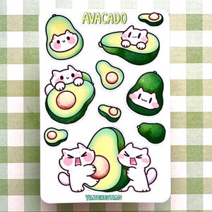 Avocado meow cute Cat Sticker sheet, fruit Glossy Sticker sheet, Weatherproof , Perfect for Laptops, Gift forcat lover, Journal sticker