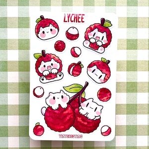 Lychee meow cute Cat Sticker sheet, fruit Glossy Sticker sheet, Weatherproof , Perfect for Laptops, Gift forcat lover, Journal sticker