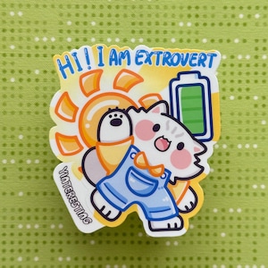 Adesivo de gato fofo extrovertido, adesivo de vinil brilhante Kawaii recortado, à prova de intempéries, perfeito para garrafas, laptops e presente para ela