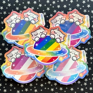 LGBTQ+ Pride Planet Cat Sticker, Kawaii Glossy Vinyl Die Cut Sticker, Weatherproof, Perfect for Bottles, Laptops, and Gift for cat lover