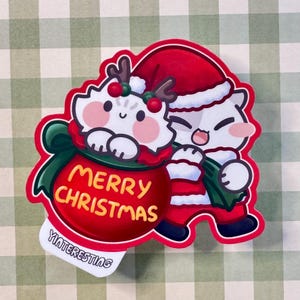 Merry Christmas Santa and gifts Cute Cat, Glossy Vinyl Die Cut Sticker, Weatherproof, Perfect for Bottles, Laptops, and Gift for cat lover