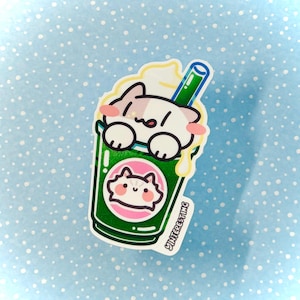 Matcha Green tea Frappe Cat Sticker, Kawaii Glossy Vinyl Die Cut Sticker, Weatherproof, Perfect for Bottles, Laptops, and Gift for cat lover