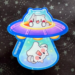 Naklejka z uroczym kotem UFO Aliens, Kawaii Vinyl Die Cut, odporna na warunki atmosferyczne, idealna na butelki, laptopy i jako prezent dla miłośnika kotów
