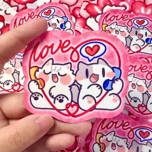 Sticker chat mignon Valentine Love, Sticker découpé en vinyle scintillant coeur Kawaii, résistant aux intempéries, cadeau parfait pour les amoureux des chats, cadeau de la Saint-Valentin